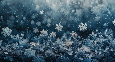 A snowy landscape with snowflakes falling gently on a frosty ground, creating a winter wonderland.の素材