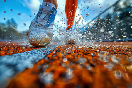 A runners foot splashes water as they run on a track during a rainy day.の素材