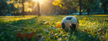 A close-up image of a soccer ball on lush green grass in a park, with the sun shining brightly in the background.の素材