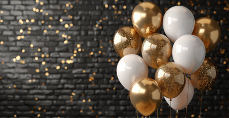 A group of gold and white balloons float against a dark background with confetti falling.の素材