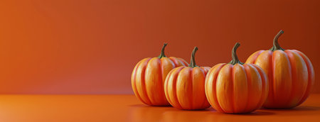 Five pumpkins sitting on a bright orange background.の素材