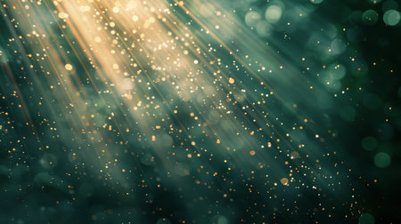 A digital art piece featuring light beams and glowing particles emanating from an unseen source on a dark green background.の素材