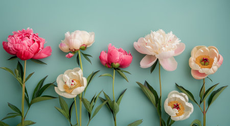 A flat lay image of pink peonies and green leaves arranged on a mint green background.の素材