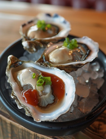 Close-up shot of three fresh oysters served on a black plate with ice, cocktail sauce, and green onions.の素材