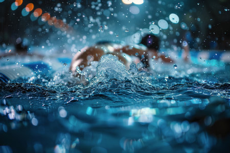 A close-up photo of water splashing during an indoor swimming competition.の素材