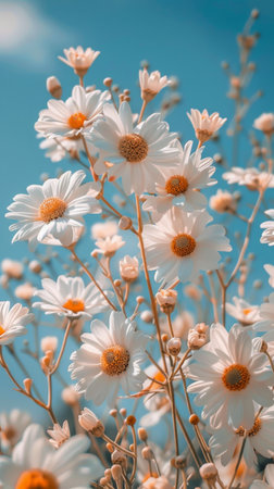 A close-up of white daisies blooming in a field on a sunny day, with a bright blue sky and fluffy white clouds in the background.の素材