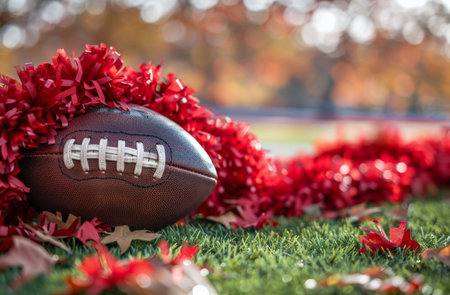 Closeup of a brown football resting on blue turf at a football field, with a blurred background of green grass and fall foliage.の素材