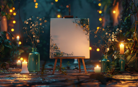A white canvas on an easel stands in front of a table decorated with flowers, candles, and string lights.の素材