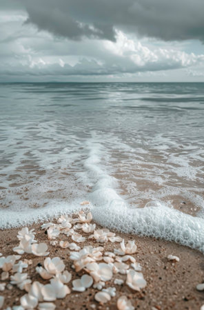 A gentle ocean wave crashes on a sandy beach under a cloudy sky, creating a peaceful and serene atmosphere.の素材