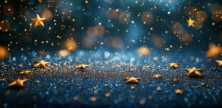 Close-up image of golden stars scattered on a dark blue background with bokeh lights.の素材