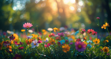 A field of vibrant wildflowers blooms in a lush green meadow, bathed in the golden light of the setting sun.の素材