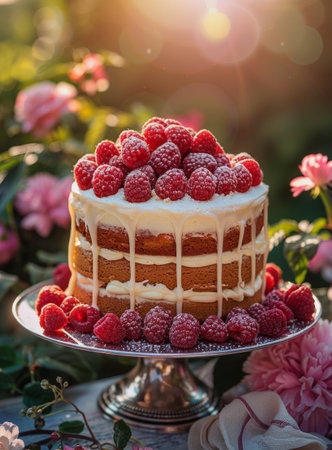 A delicious white cake topped with fresh raspberries on a silver cake stand, set against a beautiful sunset backdrop.の素材