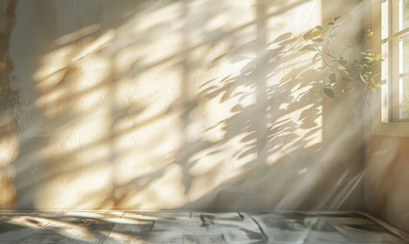 A close-up photo of sunlight streaming through a window, casting shadows on a white wall. The room is empty, and the floor is tiled.の素材