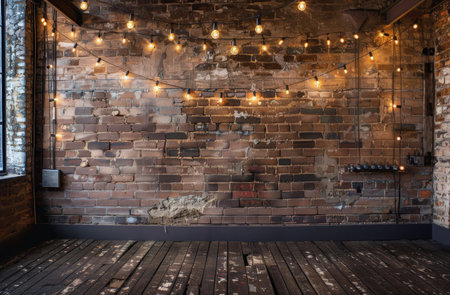 A brick wall with a wooden floor illuminated by warm string lights.の素材