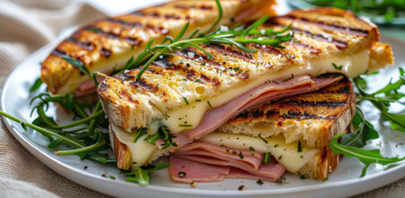A close-up of a grilled ham and cheese sandwich with rosemary and arugula on a white plate.の素材