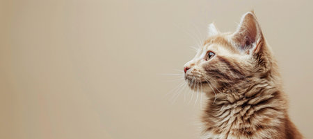 A brown and white tabby cat looks off to the side, with a soft and fuzzy appearance.の素材