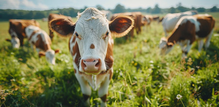 A close up of a brown and white cow standing in a field of green grass, with mountains in the background on a sunny day.の素材