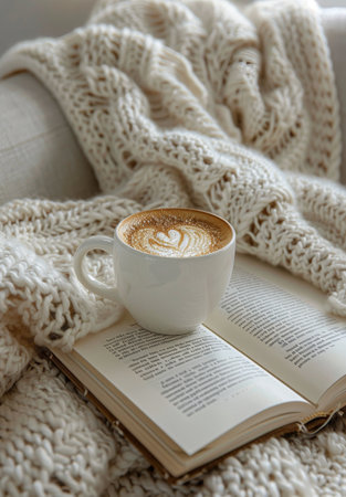 A cup of coffee with latte art sits on an open book, surrounded by a cozy, knitted blanket.の素材