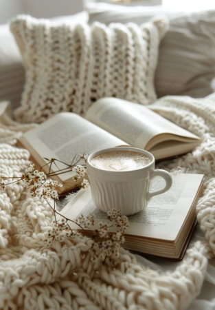 A cup of coffee with latte art sits on an open book, surrounded by a cozy, knitted blanket.の素材