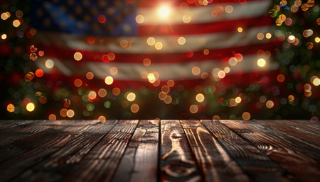 A weathered wooden tabletop with a blurry background of an American flag, string lights, and foliage at dusk.の素材