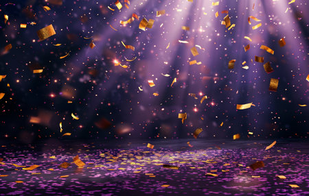 A digital rendering of purple background with falling golden confetti and spotlight.の素材