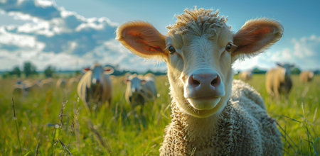 A single sheep looks directly at the camera while standing in a field of grass with other sheep in the background. The sky is blue with white clouds.の素材
