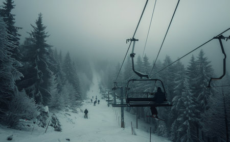 A ski lift with empty chairs against a backdrop of a snowy, foggy forest.の素材