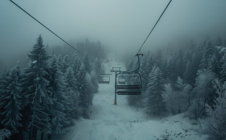A ski lift with empty chairs against a backdrop of a snowy, foggy forest.の素材