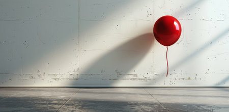 A single red balloon floats in front of a white concrete wall, with sunlight casting shadows on the surface.の素材