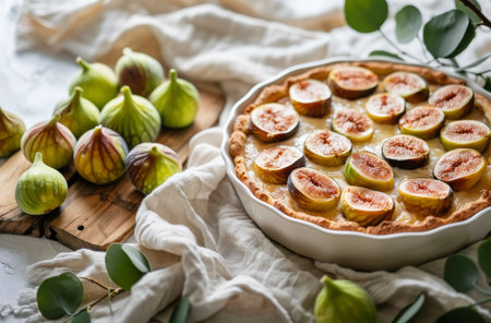 A freshly baked fig tart with a white filling sits on a rustic tabletop surrounded by fresh figs and greenery.の素材