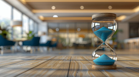 A blue hourglass sits on a wooden table in a modern office setting. The hourglass is in focus, while the background is blurred.の素材
