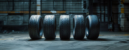 Five brand new black tires are arranged in a row on a concrete floor in a garage setting.の素材