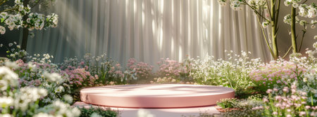 A round, pink platform is surrounded by delicate pink and white flowers. The soft sunlight creates a warm and dreamy atmosphere.の素材