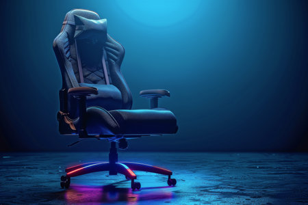 A blue leather gaming chair with a headrest and armrests, isolated against a blue background.の素材