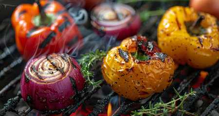 Close-up shot of colorful bell peppers and red onions grilling on a hot charcoal grill with smoke rising.の素材