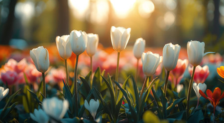 A close-up photo of white tulips blooming in a garden during the golden hour, with the sun setting in the background.の素材