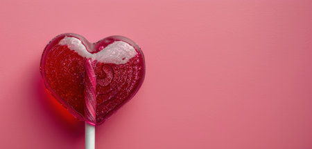 A close-up image of a red heart-shaped lollipop against a light pink background.の素材