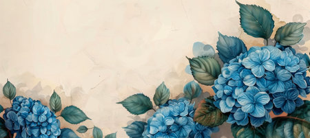A close-up image of blue hydrangea flowers with green leaves on a tan background.の素材