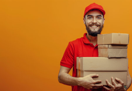 A delivery driver smiles while holding a stack of packages against a bright orange background.の素材