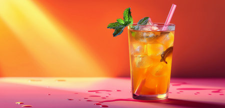 A refreshing glass of iced tea with a sprig of mint and a straw sits on a pink table. Ice cubes are scattered around the base of the glass.の素材