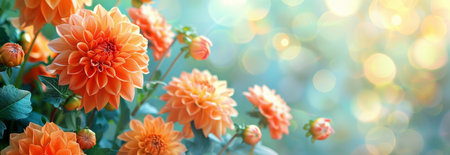 A close-up shot of vibrant peach-colored dahlias in full bloom, set against a blurred background of turquoise and green tones.の素材