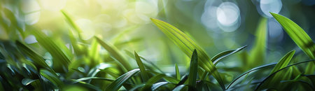 A close-up image of green grass blades glistening with morning dew, bathed in soft sunlight.の素材