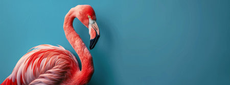 A pink flamingo with its head turned to the side stands in front of a blue background.の素材