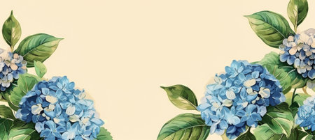 A close-up image of blue hydrangea flowers with green leaves on a tan background.の素材