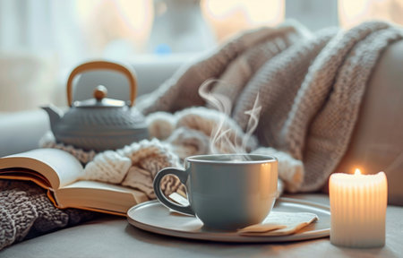 A warm mug of tea, a flickering candle, and an open book create a cozy atmosphere on a rainy autumn evening.の素材