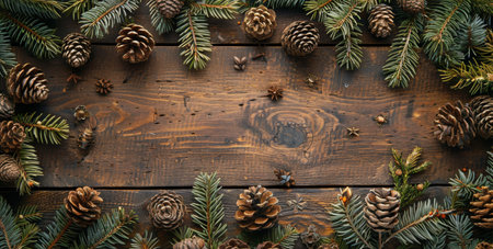 A close-up image of pine cones and evergreen branches arranged on a rustic wooden background.の素材