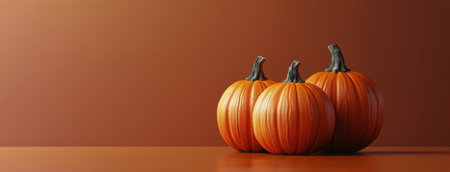 Five pumpkins, some with golden speckles, rest on an orange surface.の素材