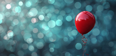 A lone red balloon floats against a blue bokeh background. The balloon is partially deflated and has a long, thin ribbon attached to it.の素材