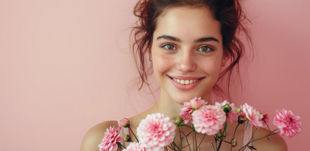A young woman with dark hair smiles and holds a bouquet of pink flowers in front of a pink wall.の素材