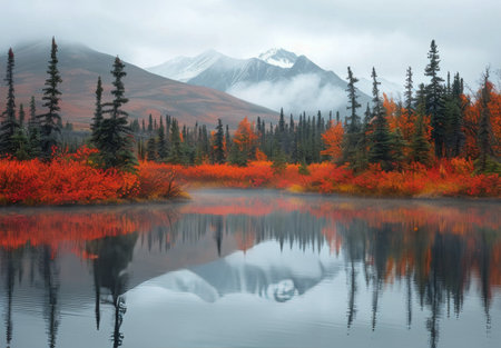 A serene Alaskan lake, nestled amongst snow-capped mountains and a vibrant autumn forest, reflects the morning mist and the colorful foliage.の素材